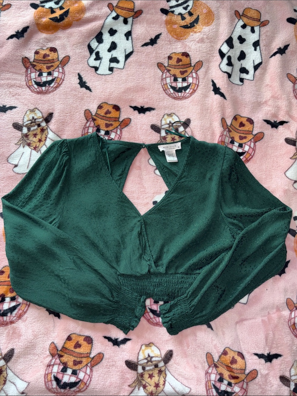 A New Day Deep Green V-Neck Smocked-Waist Long Sleeve Blouse